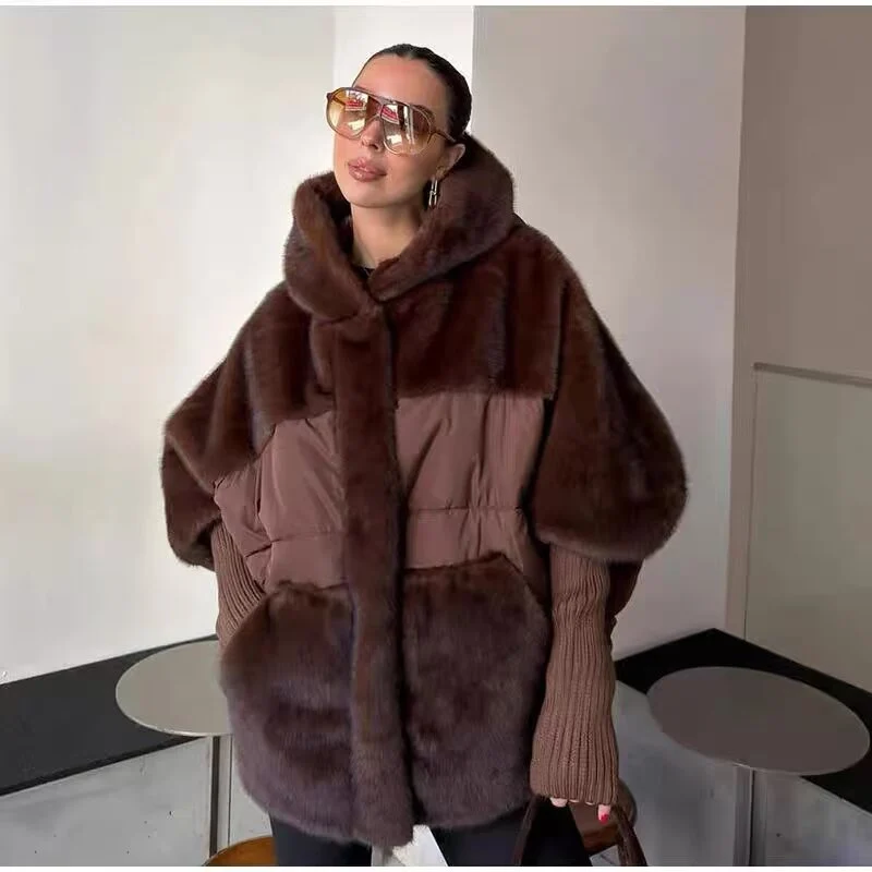 Damen Gefütterte Kurzjacke mit Kunstfell‑Einsatz, Kapuze und Rippbündchen Drune
