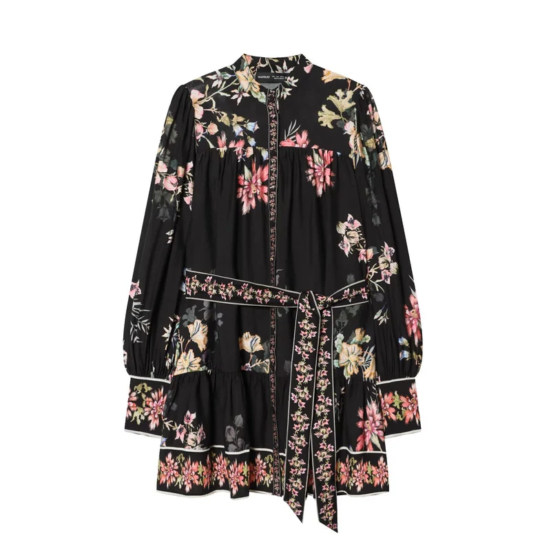 Damen Geblümtes Volant‑Minikleid mit Stehkragen, Taillenbindegürtel und Ballonärmeln Drune