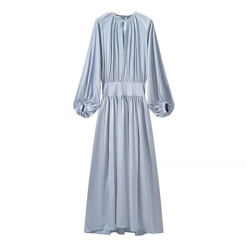 Damen Fließendes Maxikleid mit Ballonärmeln, geraffter Taille und Rundhalsausschnitt Drune