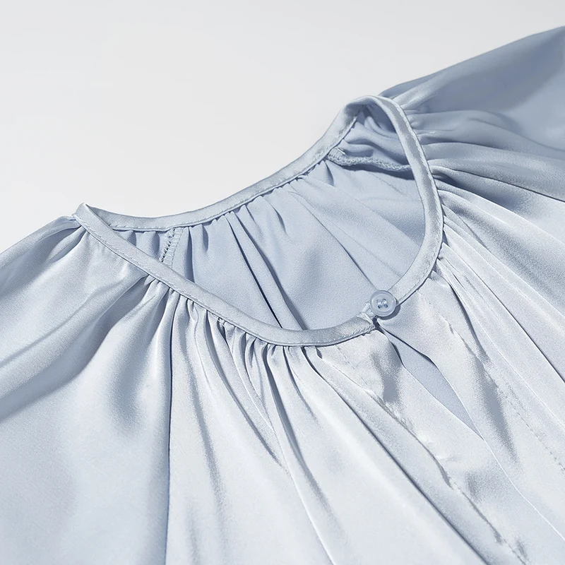 Damen Fließendes Maxikleid mit Ballonärmeln, geraffter Taille und Rundhalsausschnitt Drune