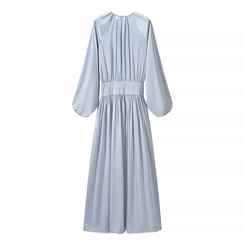 Damen Fließendes Maxikleid mit Ballonärmeln, geraffter Taille und Rundhalsausschnitt Drune