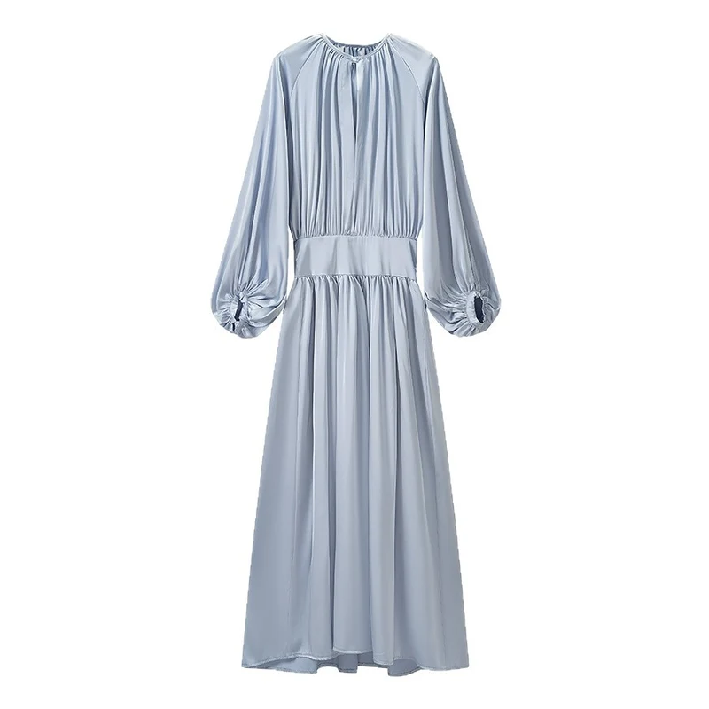 Damen Fließendes Maxikleid mit Ballonärmeln, geraffter Taille und Rundhalsausschnitt Drune
