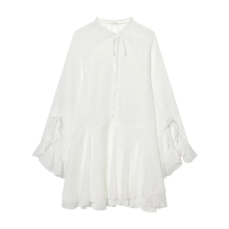 Damen Fließendes Chiffon-Minikleid mit Rüschenärmeln und Schluppe Drune