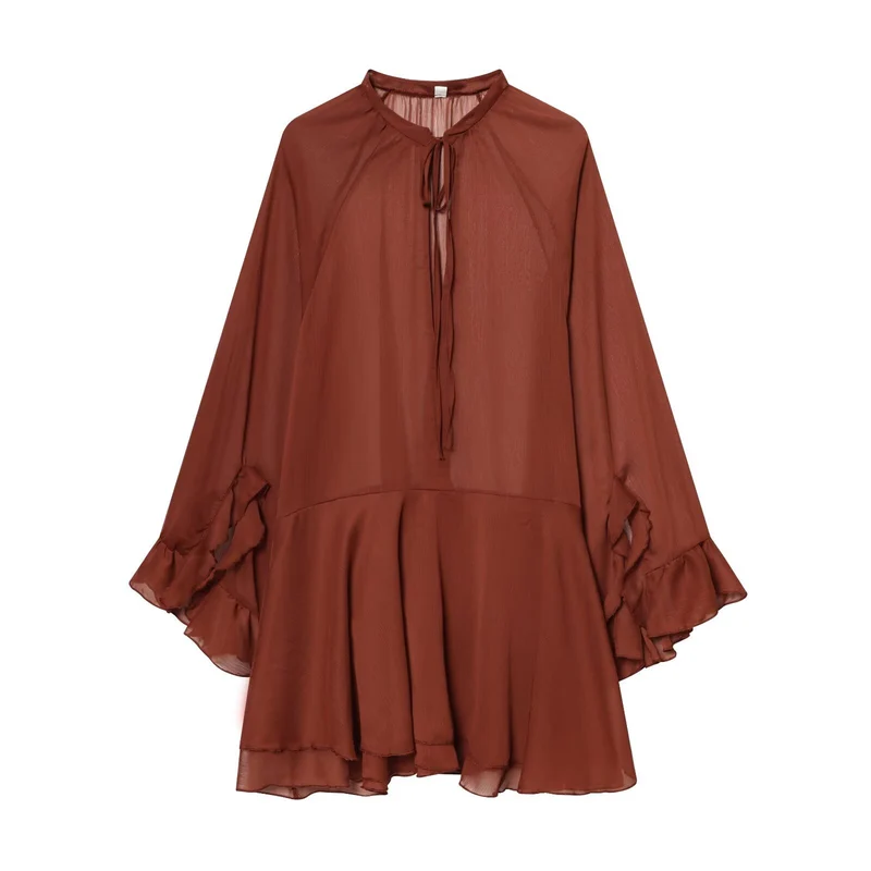 Damen Fließendes Chiffon-Minikleid mit Rüschenärmeln und Schluppe Drune