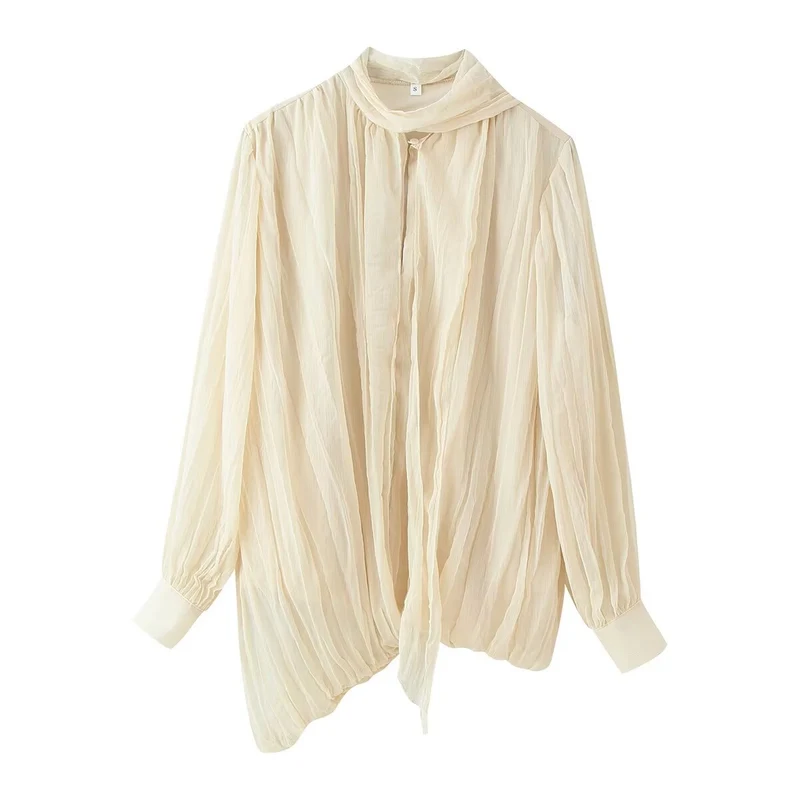 Damen Fließende Chiffon‑Plissee‑Bluse mit Schluppe und Manschetten Drune