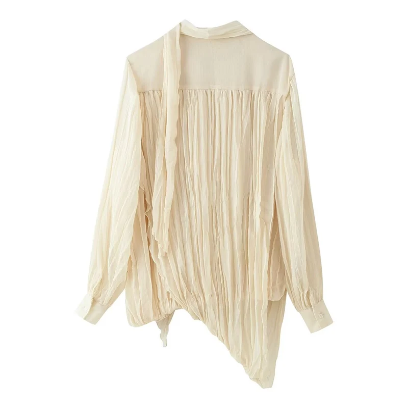 Damen Fließende Chiffon‑Plissee‑Bluse mit Schluppe und Manschetten Drune