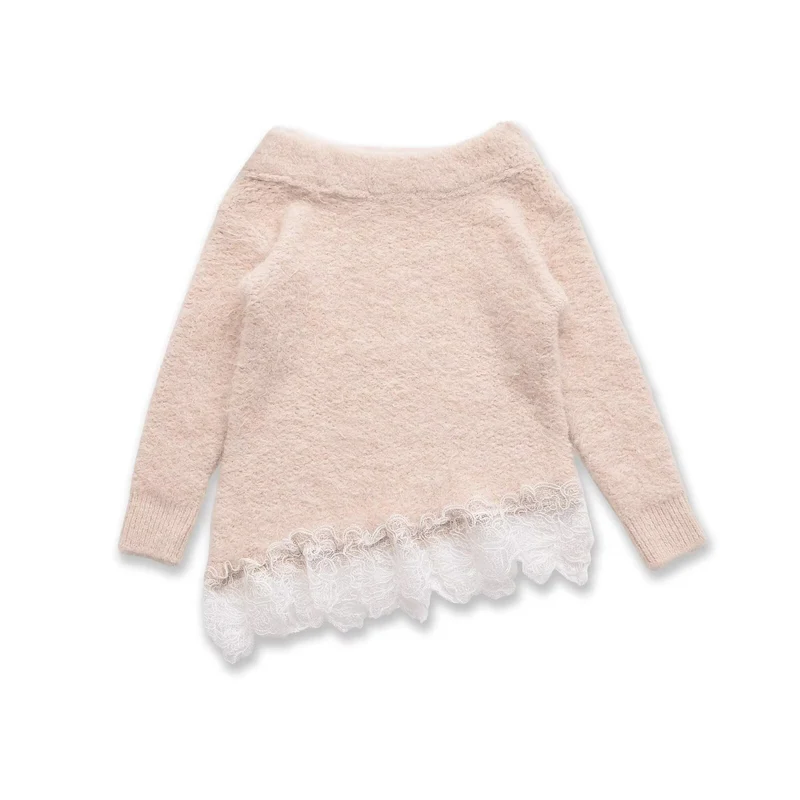Damen Flauschiger Strickpullover mit weitem Bootkragen und Spitzenbesatz Drune