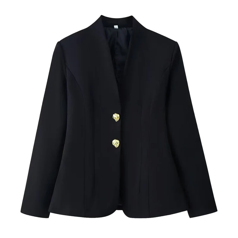 Damen figurnahe Blazerjacke mit Stehkragen, formgebenden Teilungsnähten und goldenen Zierknöpfen Drune