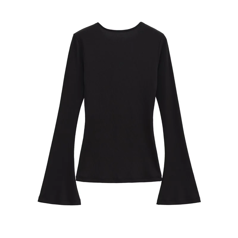 Damen Figurbetontes Rippshirt mit Carmenausschnitt und ausgestellten Schlagärmeln Drune