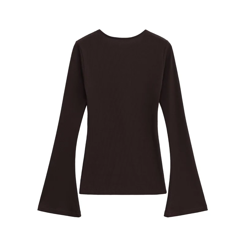 Damen Figurbetontes Rippshirt mit Carmenausschnitt und ausgestellten Schlagärmeln Drune