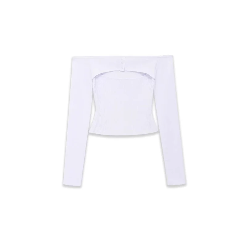 Damen Figurbetontes Off-Shoulder-Langarmtop mit integriertem Bolero und Feinstrick-Rippstruktur Drune