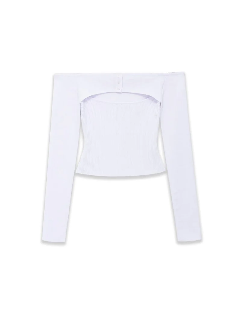 Damen Figurbetontes Off-Shoulder-Langarmtop mit integriertem Bolero und Feinstrick-Rippstruktur Drune