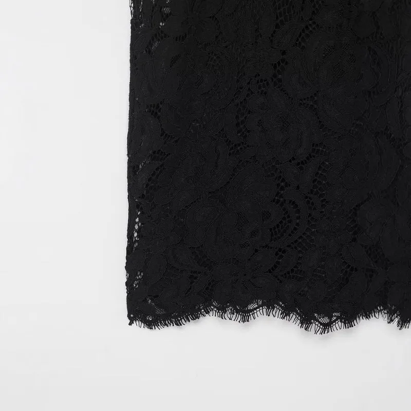 Damen Figurbetontes Midikleid aus floraler Spitze mit langen Ärmeln und Scallop-Saum Drune