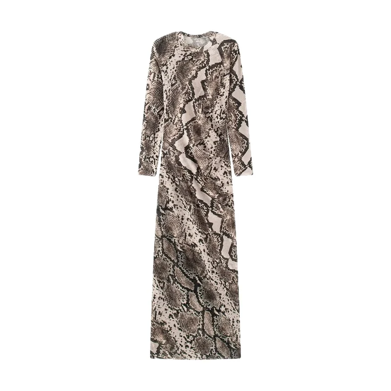 Damen Figurbetontes Maxikleid mit Allover‑Schlangenprint und langen Ärmeln Drune