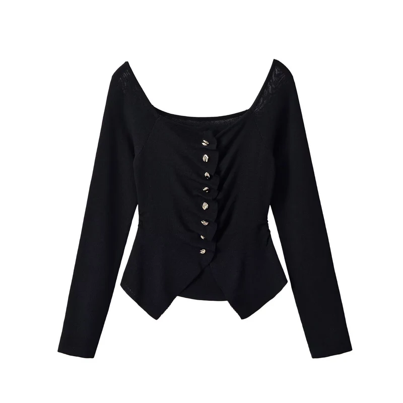 Damen Figurbetonte Rüschenbluse mit goldfarbenen Zierknöpfen und asymmetrischem Peplum Drune
