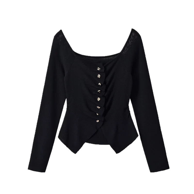 Damen Figurbetonte Rüschenbluse mit goldfarbenen Zierknöpfen und asymmetrischem Peplum Drune