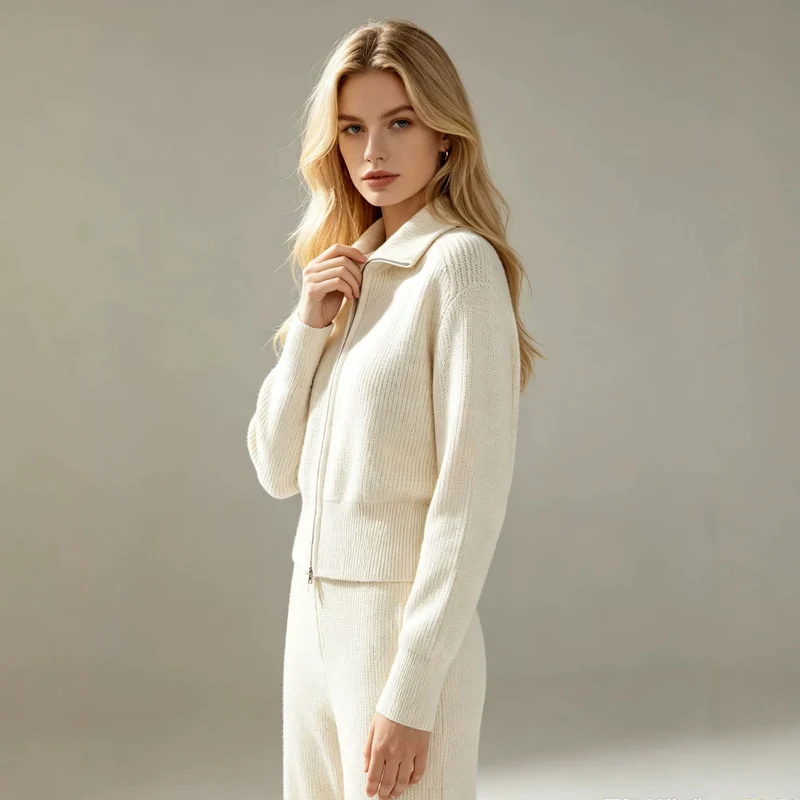 Damen Feinstrukturiertes Strick-Set mit Zipp-Cardigan und weiter Hose Drune