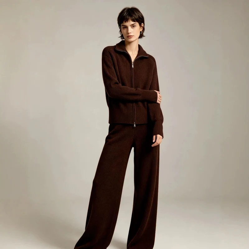 Damen Feinstrukturiertes Strick-Set mit Zipp-Cardigan und weiter Hose Drune