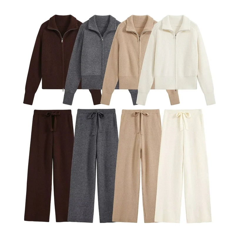 Damen Feinstrukturiertes Strick-Set mit Zipp-Cardigan und weiter Hose Drune