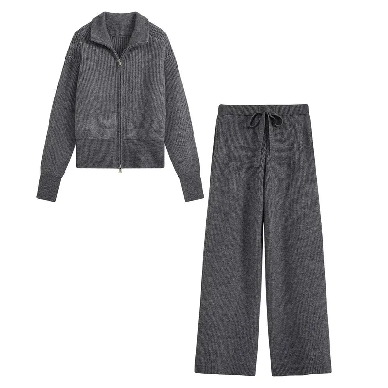Damen Feinstrukturiertes Strick-Set mit Zipp-Cardigan und weiter Hose Drune