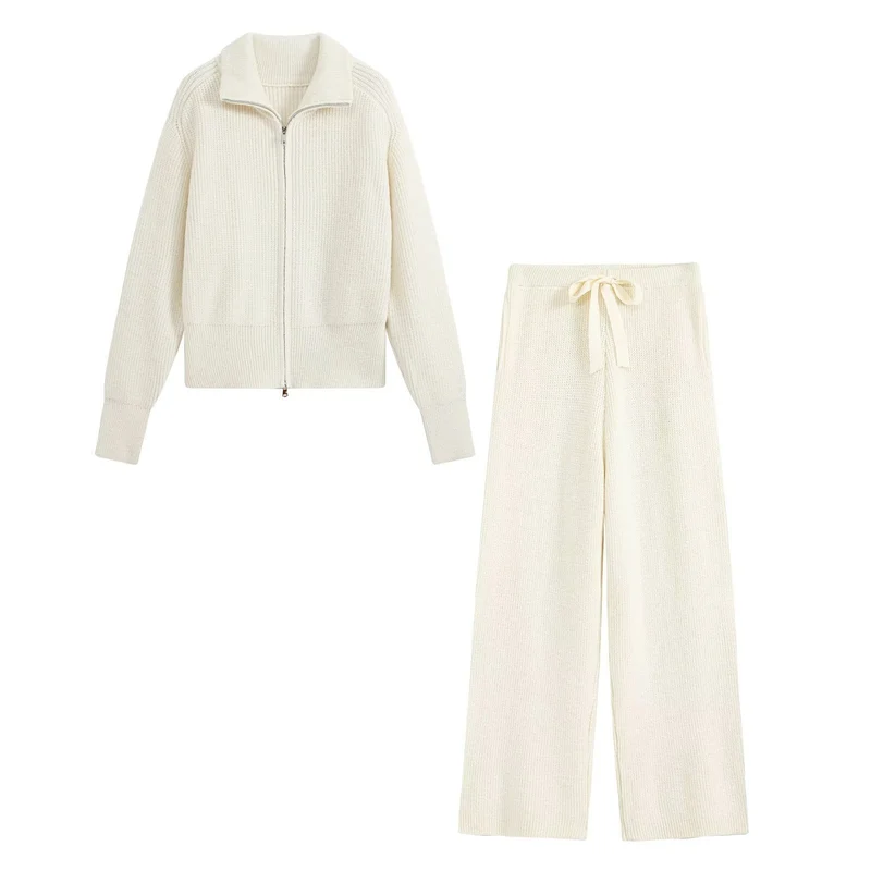 Damen Feinstrukturiertes Strick-Set mit Zipp-Cardigan und weiter Hose Drune