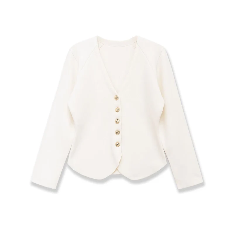 Damen Feinstrukturierte taillierte Strickjacke mit V-Ausschnitt und goldener Knopfleiste Drune