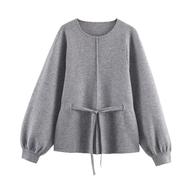 Damen Feinstrickpullover mit Tunnelzugtaillierung, Rundhals und Ballonärmeln Drune