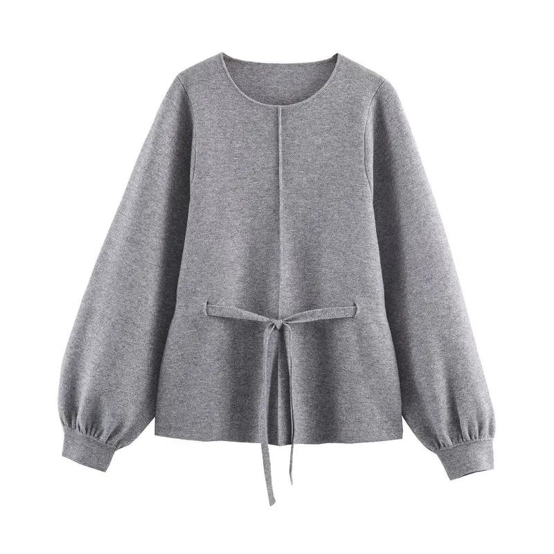 Damen Feinstrickpullover mit Tunnelzugtaillierung, Rundhals und Ballonärmeln Drune