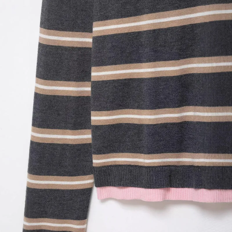 Damen Feinstrick-Rugby-Pullover mit kontrastierendem Kragen und Knopfleiste Drune