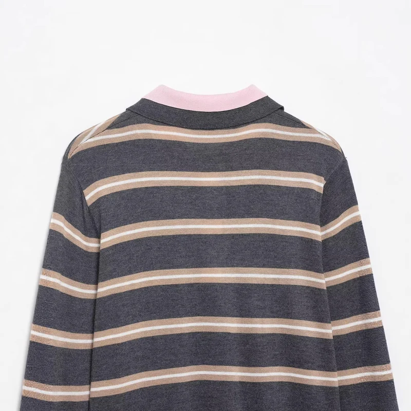 Damen Feinstrick-Rugby-Pullover mit kontrastierendem Kragen und Knopfleiste Drune
