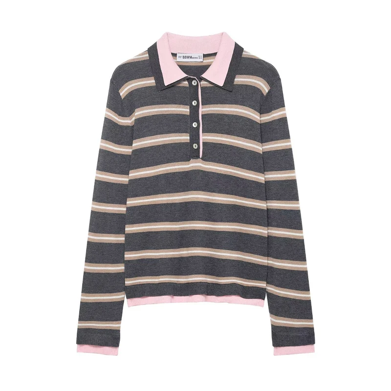 Damen Feinstrick-Rugby-Pullover mit kontrastierendem Kragen und Knopfleiste Drune