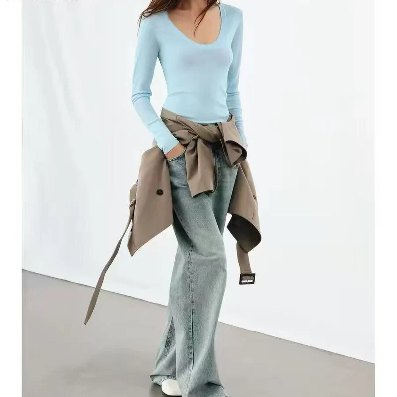 Damen Feinstrick-Pullover mit tiefem U-Ausschnitt und schmaler Silhouette Drune