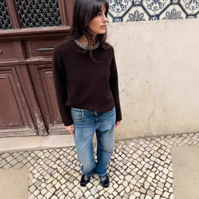 Damen Feinstrick-Pullover mit Schmuckkragen und leichtem Boxy-Cropped-Schnitt Drune