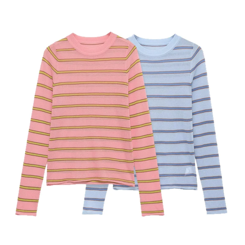 Damen Feinstrick-Pullover im Slim-Fit mit Rundhals und horizontalen Kontraststreifen Drune