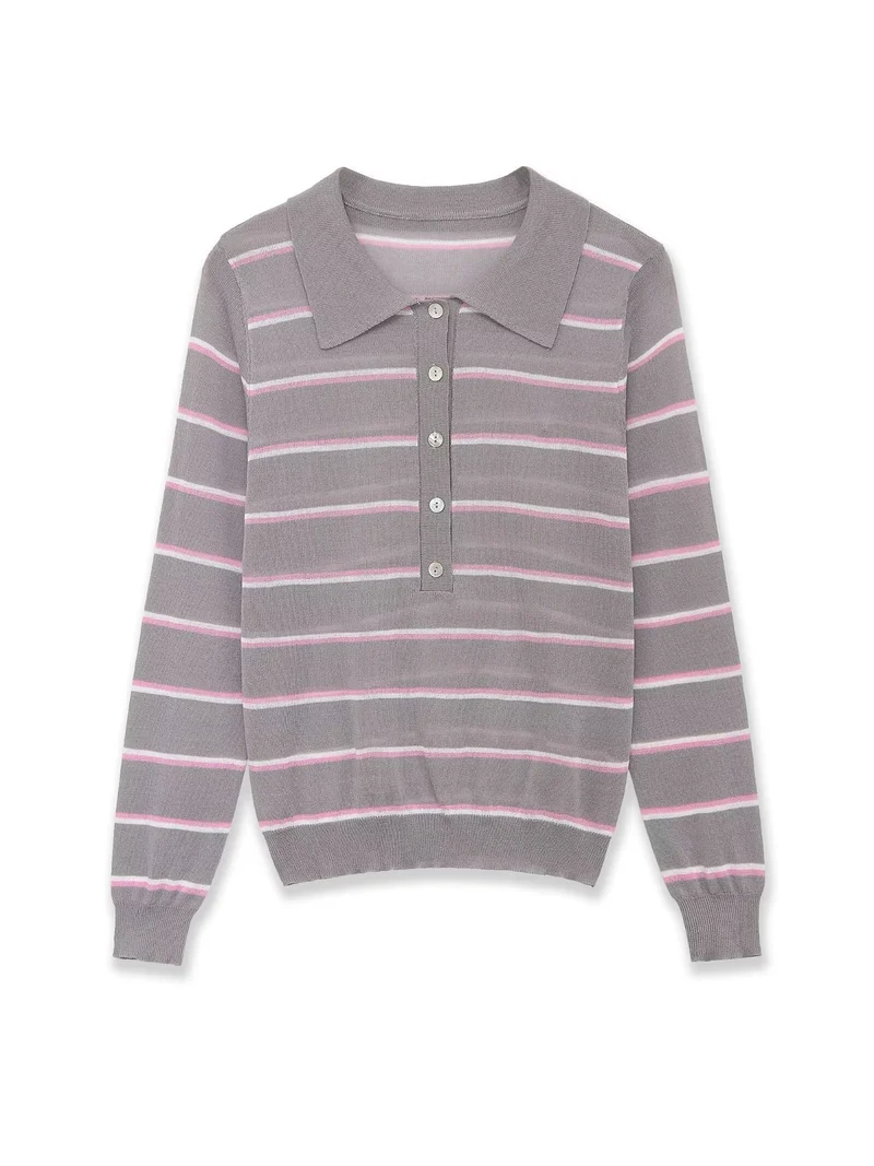 Damen Feinstrick-Polopullover mit Knopfleiste und feinen Querstreifen Drune