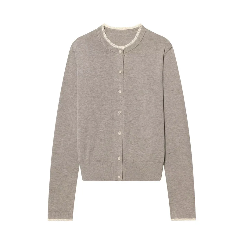 Damen Feinstrick-Cropped-Cardigan mit Spitzenbesatz und Rundhalsausschnitt Drune