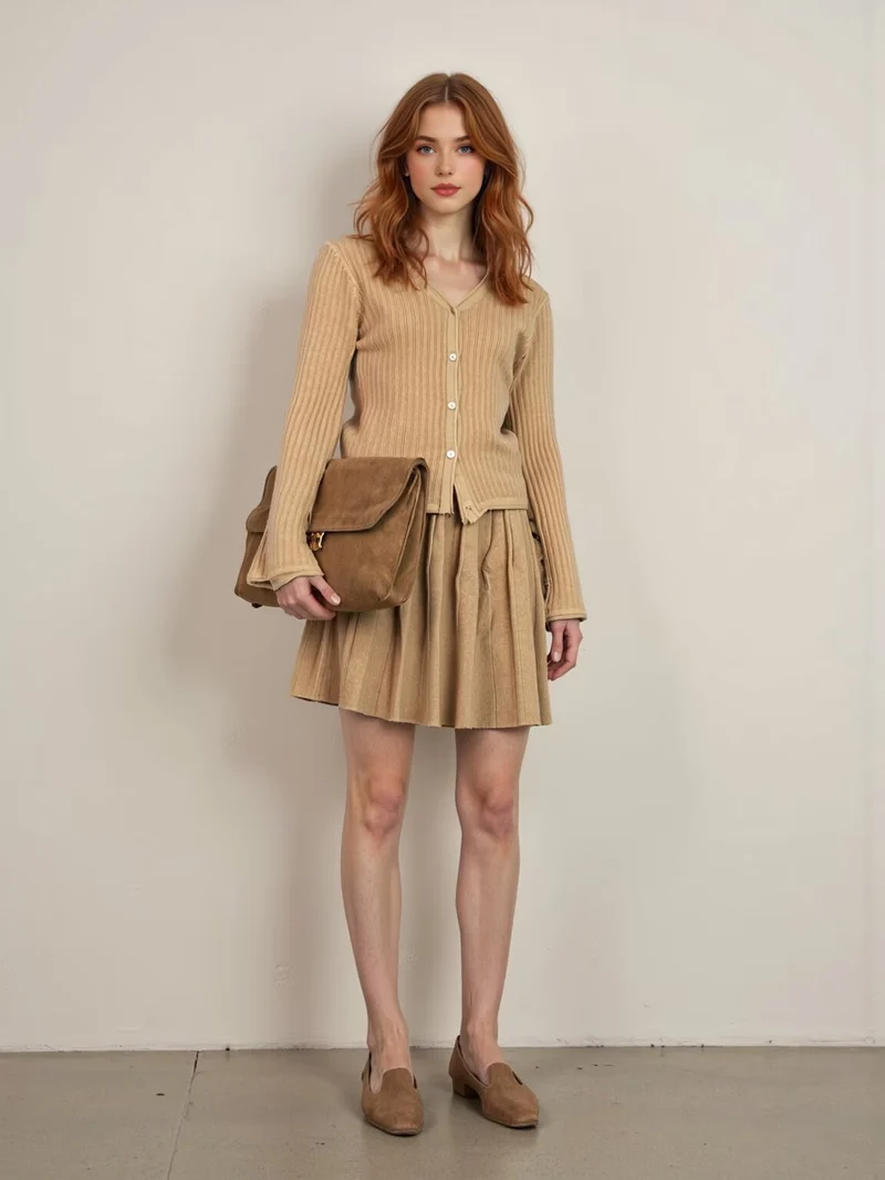Damen Feinstrick-Cardigan mit V-Ausschnitt und plissiertem Minirock-Set Drune