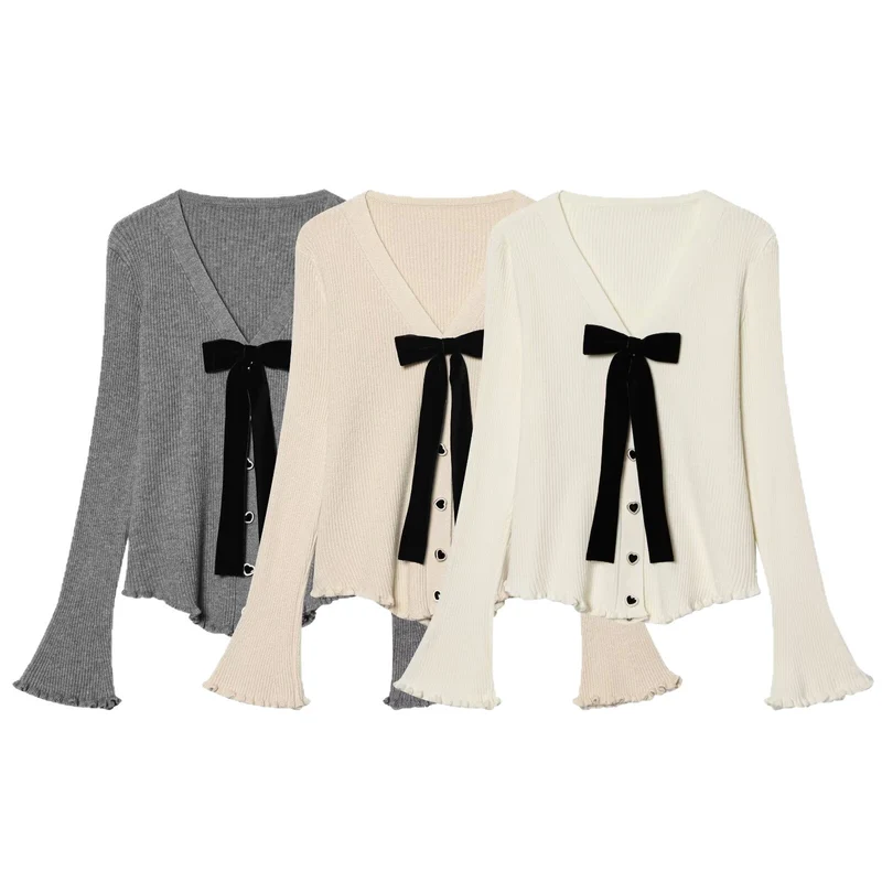 Damen Feinstrick-Cardigan mit V-Ausschnitt, Samtschleife und Herzknöpfen Drune
