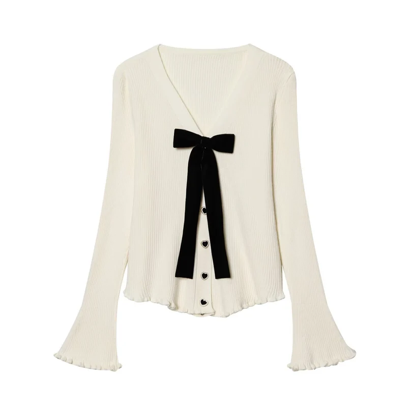 Damen Feinstrick-Cardigan mit V-Ausschnitt, Samtschleife und Herzknöpfen Drune