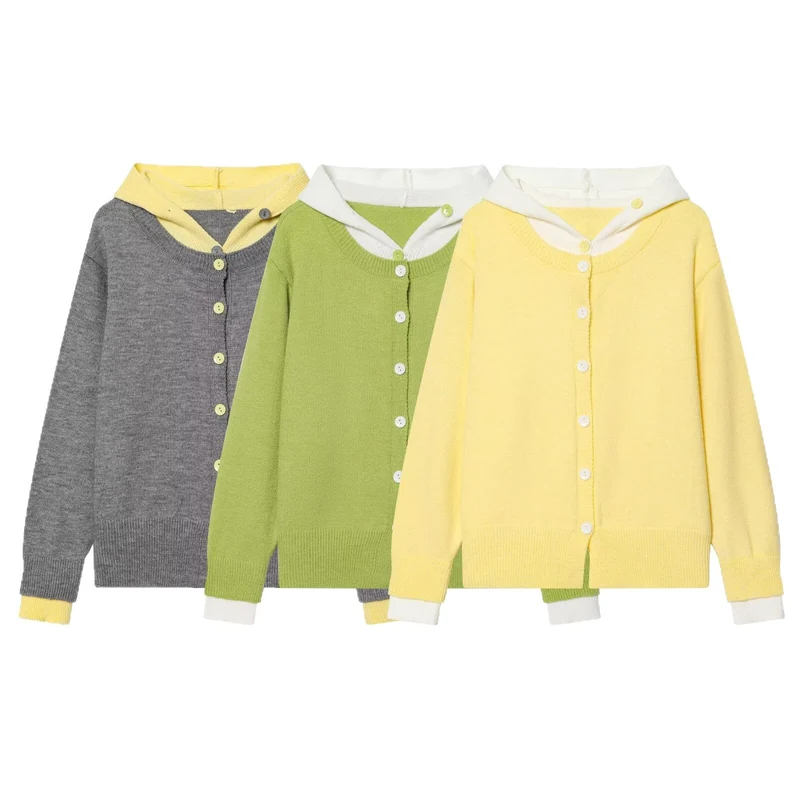 Damen Feinstrick-Cardigan mit integrierter Kontrast-Kapuze und durchgehender Knopfleiste Drune