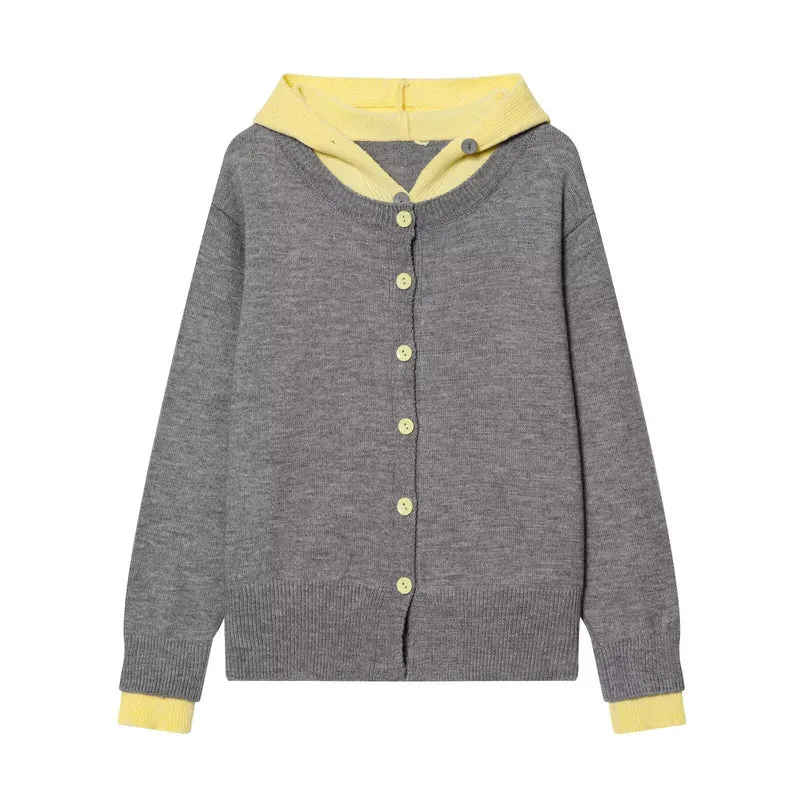 Damen Feinstrick-Cardigan mit integrierter Kontrast-Kapuze und durchgehender Knopfleiste Drune