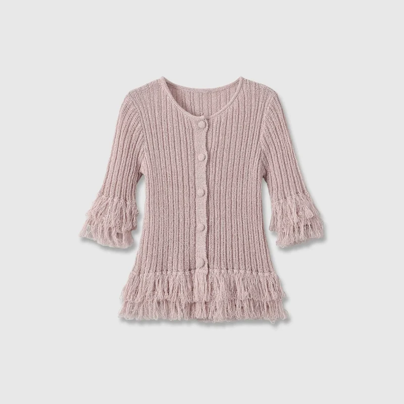 Damen Feinstrick-Cardigan mit Fransenstufen und dekorativen Kugelknöpfen Drune