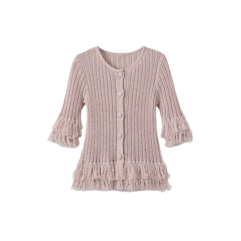Damen Feinstrick-Cardigan mit Fransenstufen und dekorativen Kugelknöpfen Drune
