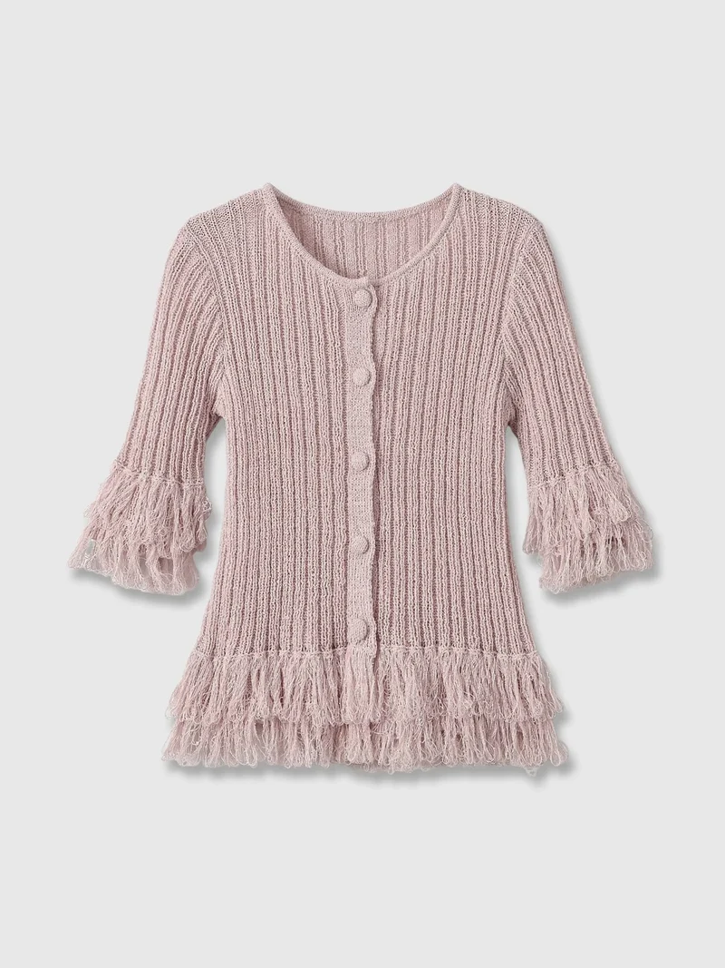 Damen Feinstrick-Cardigan mit Fransenstufen und dekorativen Kugelknöpfen Drune