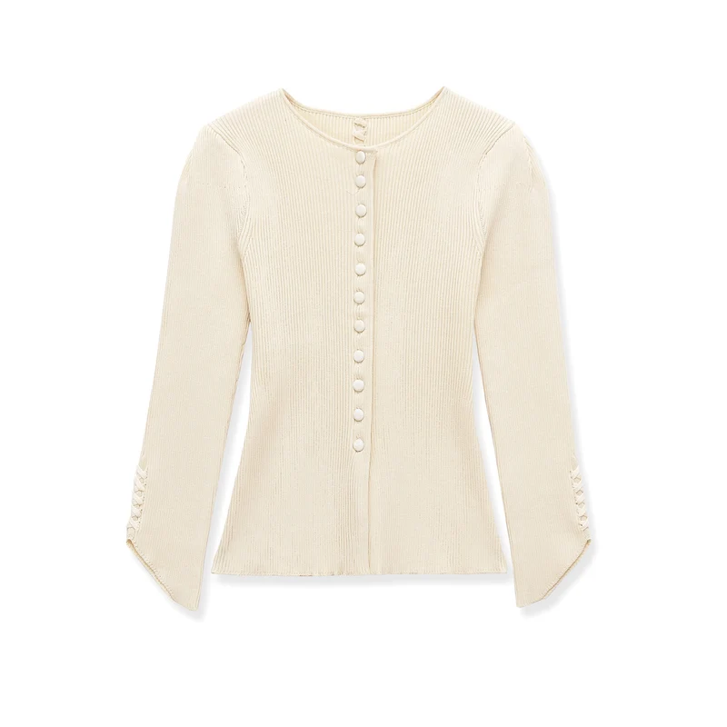 Damen Feinstrick-Cardigan mit durchgehender Knopfleiste, taillierter Rippenstruktur und geschwungenem Saum Drune