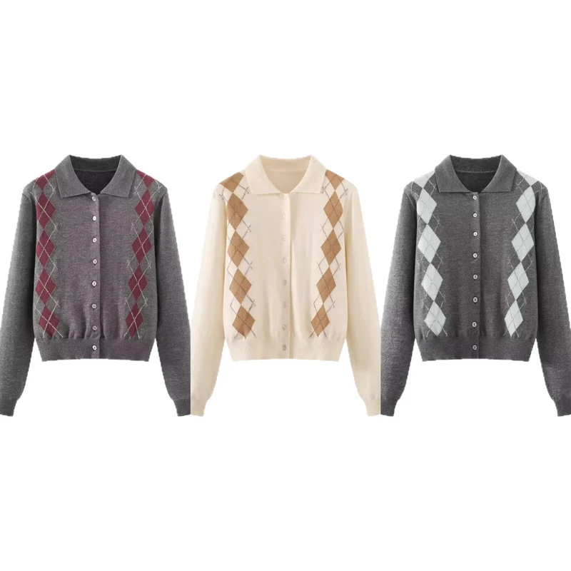 Damen Feinstrick-Cardigan mit Argyle‑Muster, Polokragen und tailliertem Cropped‑Schnitt Drune
