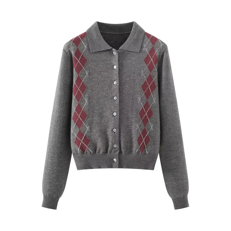 Damen Feinstrick-Cardigan mit Argyle‑Muster, Polokragen und tailliertem Cropped‑Schnitt Drune