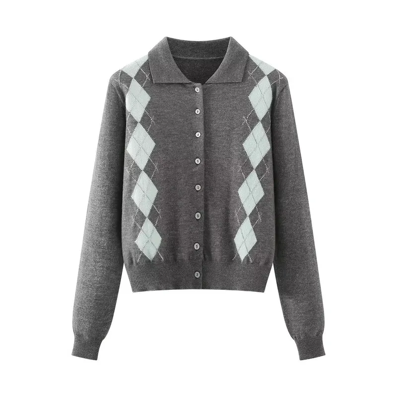 Damen Feinstrick-Cardigan mit Argyle‑Muster, Polokragen und tailliertem Cropped‑Schnitt Drune