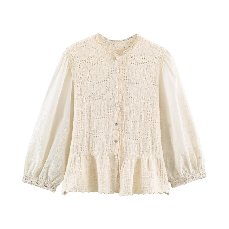 Damen Feinstrick-Cardigan im Blusenstil mit bestickten Puffärmeln und Volantbund Drune