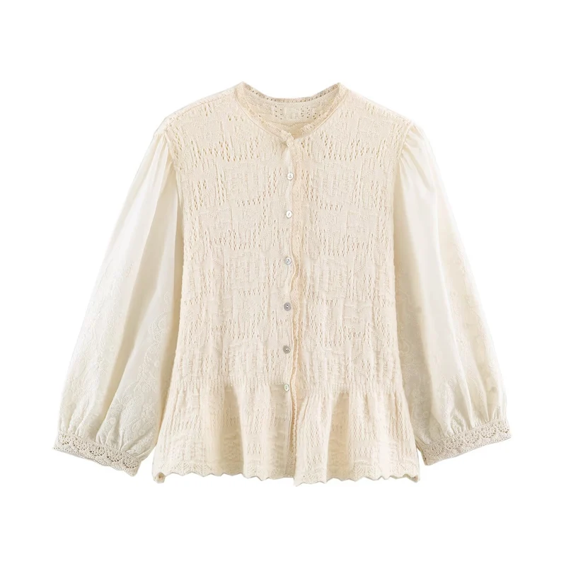 Damen Feinstrick-Cardigan im Blusenstil mit bestickten Puffärmeln und Volantbund Drune